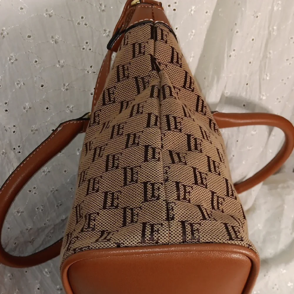 Brown Patterned Tote Bag with Tan Trim